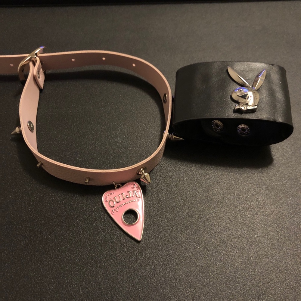 Playboy Black Faux Leather Cuff Bracelet and Pink Ouija Planchette Choker Set